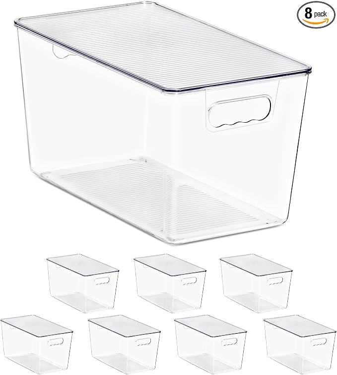 Clear Storage Bins with Lids, 8 Pack X-Large Stackable Clear Bins, Clear Storage Containers with Lids, Plastic Organizer Boxes for Pantry Storage, Kitchen Cabinets, Closet Organization, Bathroom