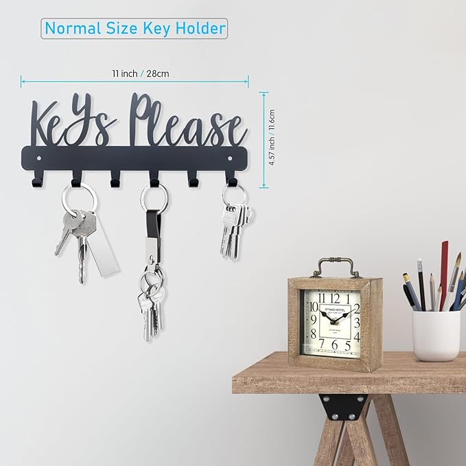 Keys Please Key Holder Wall Mounted, Normal Size: 11x4.57 inches | Black Metal Decorative Rack Hooks for Garage,Mudroom,Hallway,Entryway,Front Door,Office