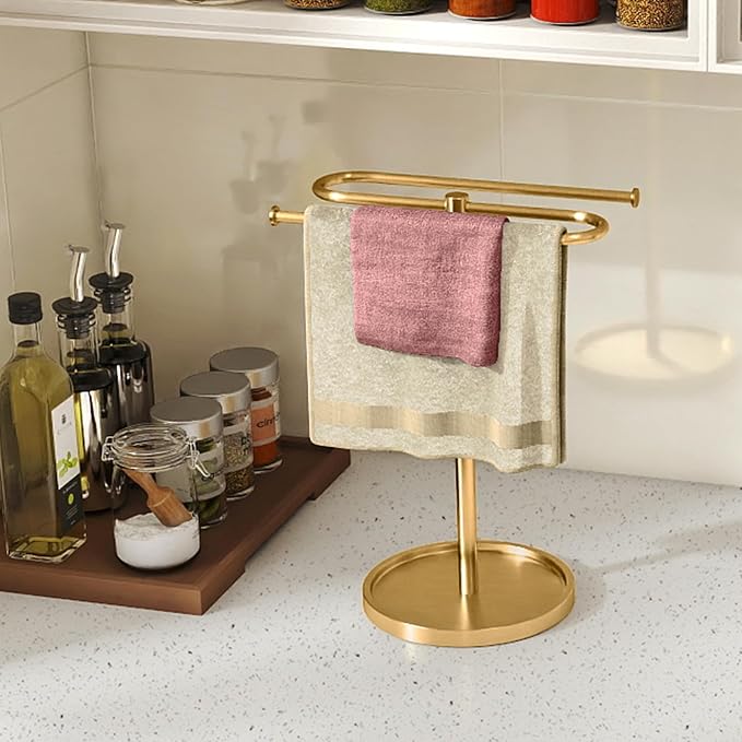 Bethom Bathroom Hand Towel Holder Stand Gold, S-Shape Kitchen Towel Rack | Stainless Steel Countertop Towel Standing Bar, Holds 2 Hand Towels