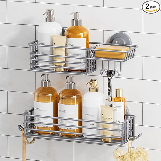 TAILI Shower Caddy Suction Cup 2 Pack with Hooks & Soap Holder, Heavy Duty Shower Organizer for Bathroom, No Drilling Bathroom Organizer with Large Capacity, Metal Storage Holder-Grey
