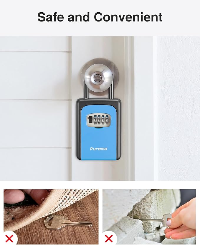 Puroma Lock Box, Large Key Lock Box Resettable Combination Code Lockbox, Portable Wall Mount Lockbox Security Safe Box for Outside Outdoor Home Office Door Handle House Key, Blue (1 Pack)