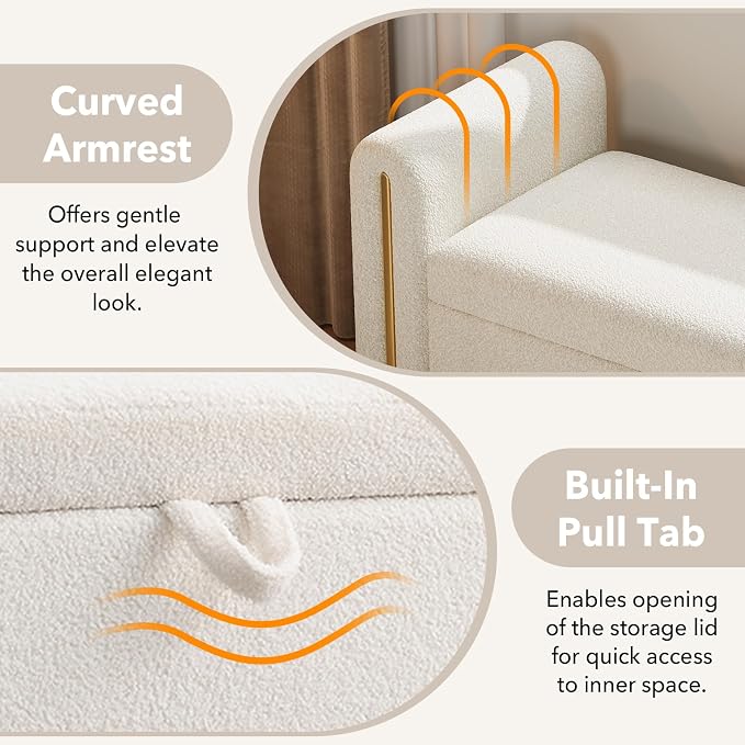 52" Flip-Top Storage Ottoman Bench, Teddy Entryway Bench (White) | Teddy Fleece Upholstered End of Bed Bench with Armrests, Soft Padded Window Bench for Living Room Bedroom Entryway