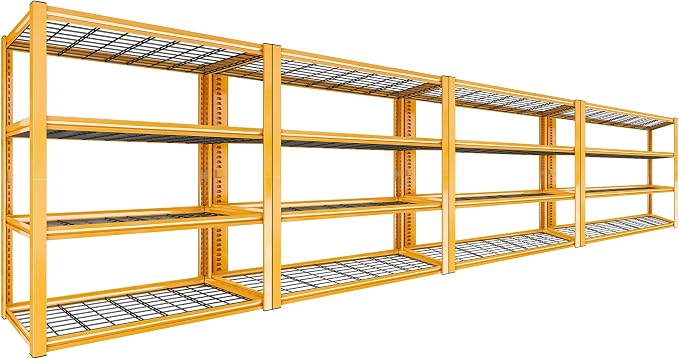 REIBII 40" W Yellow Garage Shelving with Double-Layer Frames for Homeowners | 2240Lbs, Adjustable, 10-Min Easy Assembly, Wire Mesh Panels, for Garage Basement Warehouse Commercial, 40"W×19.5"D×59.5"H, 4P