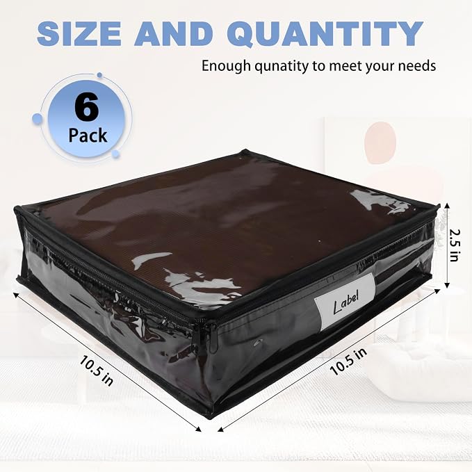 Clear Zippered Plastic Clothes Storage Bags, 6 Pack, Black | Clear Storage Bags with Zipper Plastic Storage Bags for Clothes Sweaters Blankets Sheets, Size: 10.5 x 10.5 x 2.5 Inch