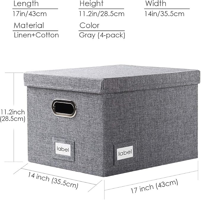 File Organizer Box - Set of 4 Collapsible Decorative Linen Filing Storage Hanging File Folders with Lids Office Cabinet Letter/Legal Size Grey 17.1x14x11.1 inch