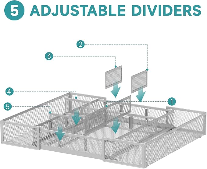 Expandable Desk Drawer Organizer, 10 Adjustable Compartments, White | Metal mesh drawer organizer tray with 5 removable dividers, expands from 8.74 to 16 in for office supplies, makeup or tools