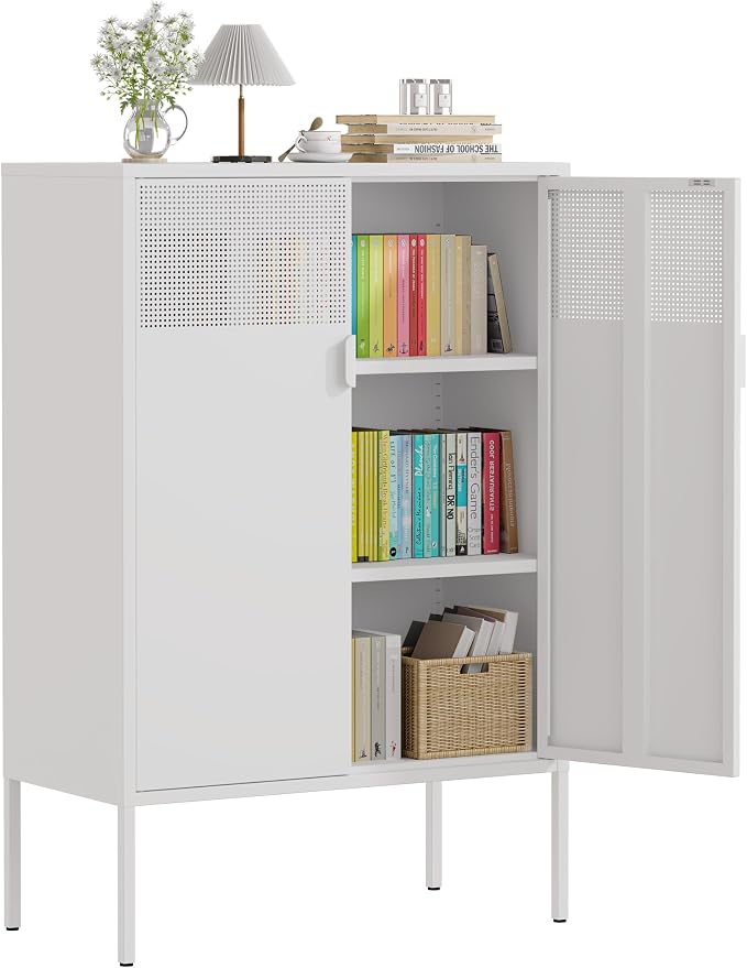 3-Tier Metal Storage Cabinet with 2 Adjustable Shelves & Mesh Doors | Metal Locker Accent Cabinet with Legs, White Storage Cabinets, Metal TV Stand Cabinet for Home Office, Entryway & Hallway