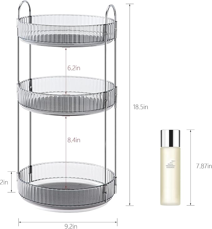 INVSSENE 360° Rotating Makeup Organizer, Bathroom Make Up Spinning Holder Rack, Large Capacity Cosmetics Storage Vanity Shelf Countertop, Fits Cosmetics, Perfume, Skincare, Lipsticks(3 Tiers, Gray)