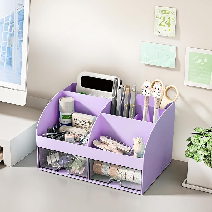 COMFYROOM Desk Organizer with 6 Compartments and 2 Drawers, Plastic Makeup Organizer, Pen Holder for Desktop Storage, Desk Organization for School, Home, Office Supplies (Purple)