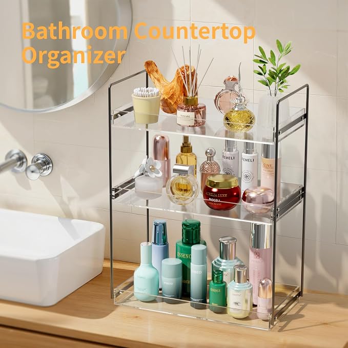 NPPLUS 3 Tier Bathroom Counter Organizer Matte Black+Clear Acrylic Vanity | Bathroom Countertop Organizer Under Sink With Acrylic Tray, Home Storage Holder For Makeup Cosmetics Perfume Spice