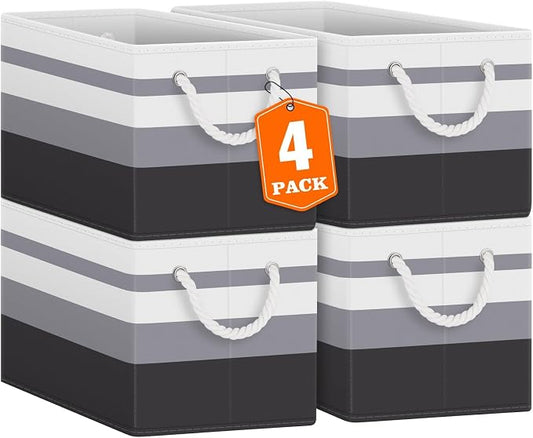 Fab totes Storage Bins 4-Pack, Foldable Storage Baskets for Organizing Toys, Books, Shelves, Closet, Large Storage Box with Rope Handles, Sturdy Organizer Bins,Gradient Grey