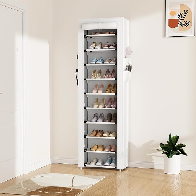 ROJASOP Shoe Rack with Covers 10 Tier Large Shoe Organizer Tall Shoe Closet Storage for 20-22 Pairs Shoe and Boot, Free Standing Shoe Rack Organizer for Closet, Entryway, Bedroom, White