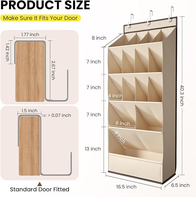 Mefirt Over the Door Shoe Rack for Closet Fit 18+ Pairs, Door Shoe Organizer with Large Breathable Pockets, Hanging Shoes Rack Fit Boots, Behind the Door Shoe Holder for Categorized Storage, Beige ﻿