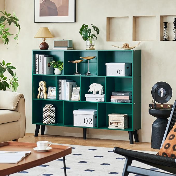 LEYAOYAO 10 Cube Bookshelf,Mid-Century Modern Bookcase with Legs,Dark Green | 3 Tier Book Shelf, 55" Wide Rustic Wood Bookshelves Large Storage Organizer, Open Shelves for Bedroom, Living Room, Office