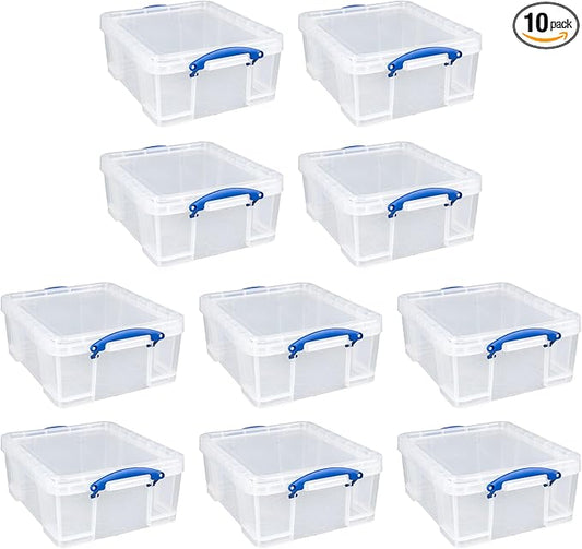 Really Useful Box 17L Plastic Storage Bins, 10 Pack | Containers with Snap Lids and Clip Lock, Clear