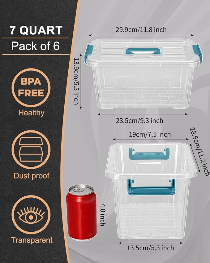 EOENVIVS Clear storage bins with lids 6 Pack, 7 Quart storage containers with lids, Stackable storage box Organizer for organizers and storage, Bedroom, Office, Classroom, Playroom & shoe boxes