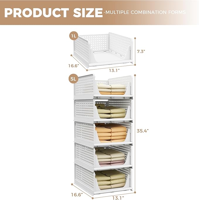 Pinkpum 5 Pack Stackable Plastic Storage Closet Organizers and Storage Bins Drawer Shelf Storage Container for Wardrobe Cupboard Kitchen Bathroom Office White | Drawer Shelf Storage Container for Wardrobe Cupboard Kitchen Bathroom Office White Foldable...