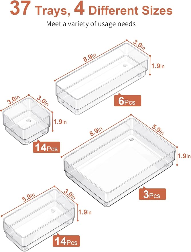 SMARTAKE 37 PCS Drawer Organizer 4 Size Desk Makeup Drawer Organizer Clear | Storage Trays with Non Slip Silicone Pads for Makeup , Jewelries, Utensils in Bedroom Dresser, Office, Kitchen and Bathroom