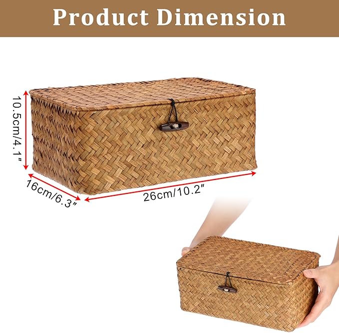 Sumnacon Wicker Basket with Lid, Rectangle Woven Tampon Holders, Caramel | Female Product Organiztion, Natural Seagrass Storage Bin, Decorative & Farmhouse, for Shelf, Bathroom Counter, Toilet Tank, S