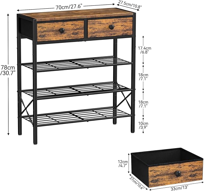 4 Tier Shoe Rack with 2 Drawers, 12-16 Pairs Rustic Brown | Holds 12-16 pairs. 2 drawers for socks/keys. Removable layer for boots. Anti-tip kit. Quick assembly.