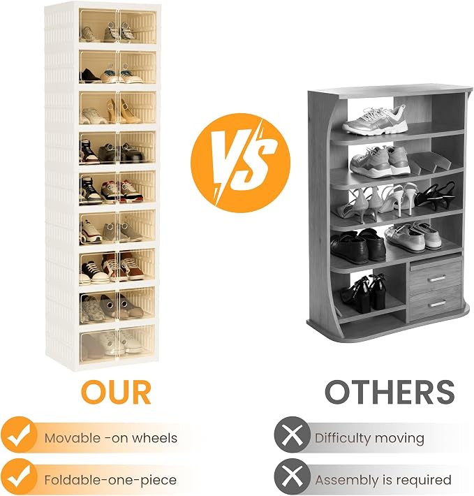 Foldable Shoe Organizer Storage Box Set of 4, Portable Extra Large Folding Shoe Rack for Closet, Shoe Storage Box with Magnetic Transparent Door and Wheels, 9 Layers 18 Grids