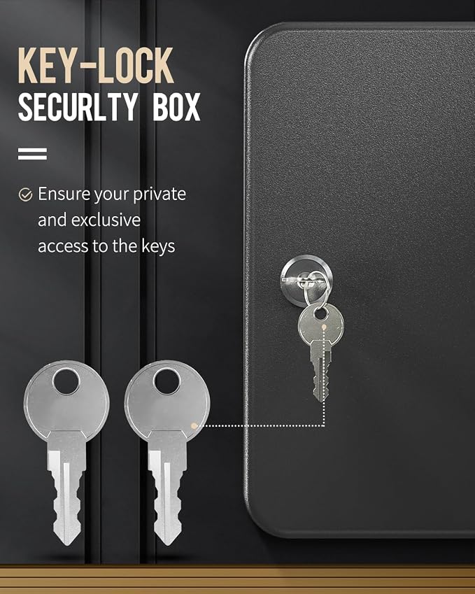 Uniclife 20 Position Key Cabinet with Key Lock Wall Mounted Black Security Storage Box Steel Key Organizer with Colorful Key Tag Labels Stickers and Hooks