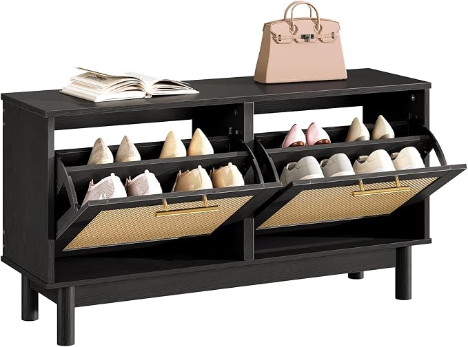 HOOBRO Rattan Shoe Storage Bench with Double Flip Drawers, Narrow Shoe Storage Organizer for Entryway, 11.8" D x 39.4" W x 20.9" H, Hidden Space Saving Wooden Shoe Cabinet for Hallway, Black BN51HX01