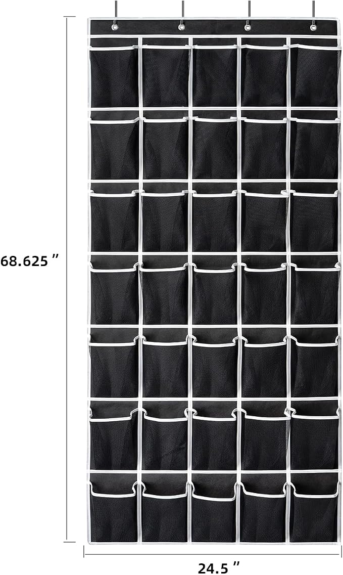 SAVERHO 35 Pockets Over the Door Shoe Organizer, Hanging Shoe Organizer for Door with 35 Mesh Pockets Large Capacity Shoe Hanging Storage Bag with 4 Metal Hooks (Black-1Pack)
