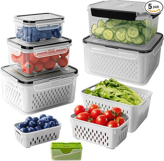 5 PCS Large Fruit storage Containers for Fridge with Colanders and Choppers | Leakproof Food Storage Containers with Lids, Dishwasher Microwave Safe Produce Containers to Keep Fruits Vegetable Fresh