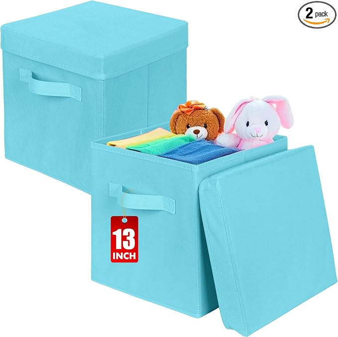 ShellKingdom Storage Bins, Foldable Fabric Storage Cube with Lid for Closet | Clothes Storage Organizer Drawer For Closet Toys Storage, 13 X 13 X 13 INCH, 2 Pack (Light Blue)
