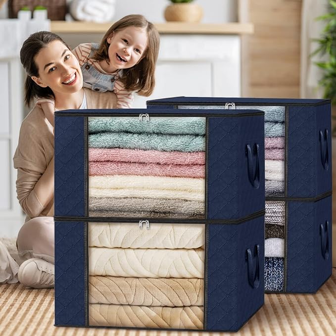 Fab totes Storage Bags,Clothes Blanket Storage Bins Foldable Closet Organizers with Reinforced Handle for Home Dorm Storage and Organization,Fabric Bags for Organizing Sheets,Clothing (Blue,10 Pack)