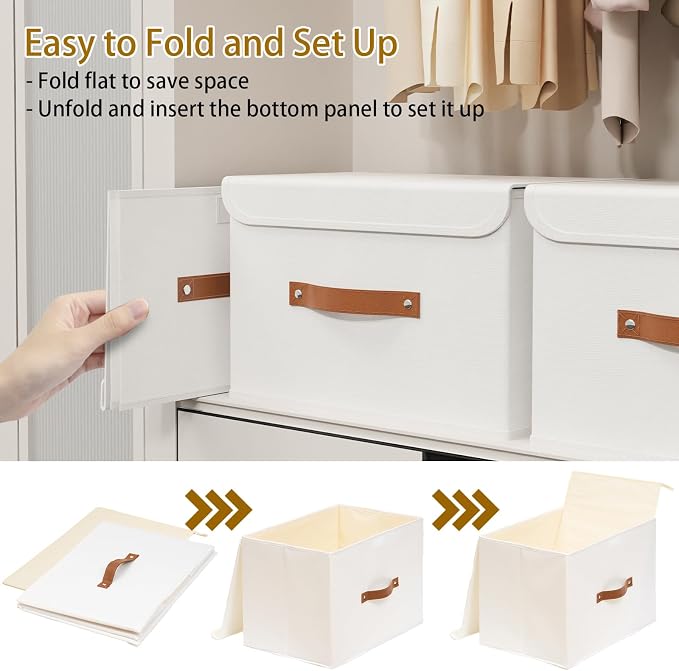 Yawinhe Storage Boxes with Lids 2 Pack, Collapsible Storage Bin with Handle, for Organizing Clothes, 33x23x20cm, White, SNK018WLS-2