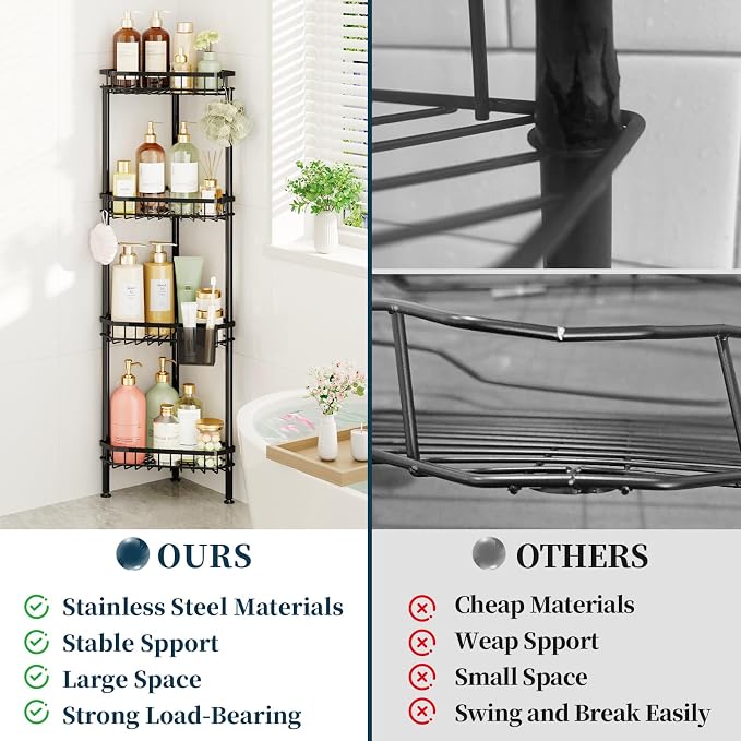 Consumest Corner Shower Caddy Stand - Rustproof Bathroom Organizer&Storage | 4 Tier Shower Shelves for Inside Shower, Stainless Steel Corner Shelf with Soap Holder, 4 Hooks, Brush Holder, Black