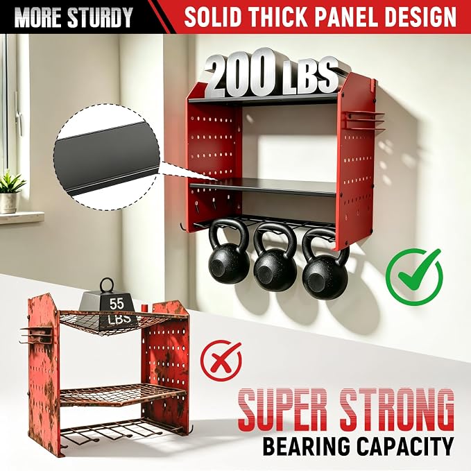 Power Tool Organizer Wall Mount,Power Drill Tool Holder | 200lb Heavy Duty Tool Shelf,4 Tier Cordless Tool Organizerwith 4 Drill Holders & 3 Divider Panels,Red