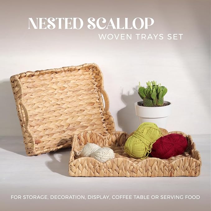 Scalloped Water Hyacinth Tray, Hand-Woven Wicker Storage Baskets with Scalloped Edge and Handles (17x13x3 inch) Rectangular Handwoven Trays, Water Hyacinth Basket, 2 Pack