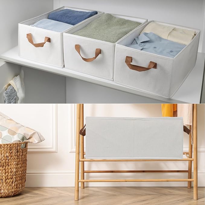Fordonral Pack of 3 Large Capacity Storage Bins Closet Organizer System, Sturdy Foldable Boxes for Organizing Clothing, Sheets, Toys, Books - Shelf Shelves Basket Bin Linen White
