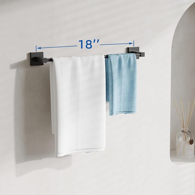 RUACQ Towel Bar 18" Towel Racks for Bathroom Wall Mounted, Matte Black | One-Piece Bath Towel Holder, Total Length 20 Inch Single Towel Rod, 304 Stainless Steel Rustproof, Square Base, Heavy Duty