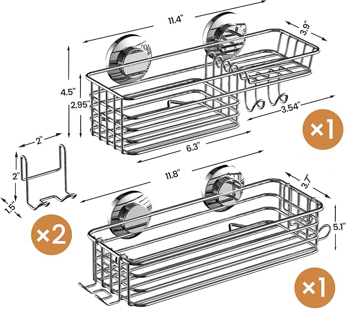 LEVERLOC Shower Caddy Suction Cup, 2 Pack Heavy Duty Bathroom Organizer | Shower Caddy with Hooks & Soap holder, Removable Shower Storage, Rustproof Silver bathroom Holder
