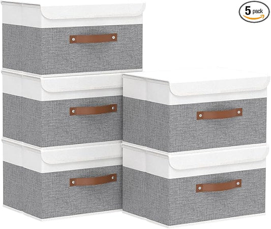 Yawinhe Collapsible Storage Bins,White/Grey,13.0x9.0x7.9in,5-Pack | Fabric Storage Box with Lids, Washable Cube Organizer Basket; Fabric Container with Leather Handle,Closet Organizer for Home