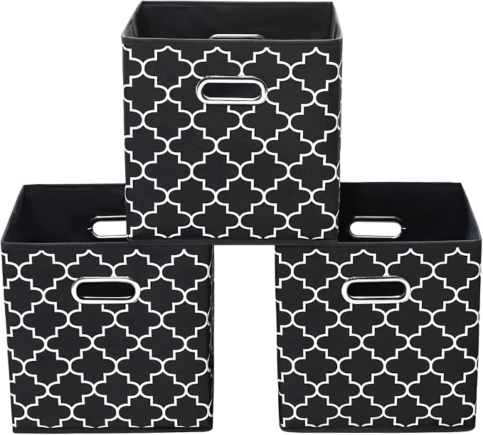 11 Inch Cube Storage Bins , Fabric Cube Organizer Bins with Handle, Foldable Cube Bins for Cloth or Accessary Storage, 11x11x11 Set of 3 (Black Light)