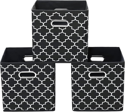 11 Inch Cube Storage Bins , Fabric Cube Organizer Bins with Handle, Foldable Cube Bins for Cloth or Accessary Storage, 11x11x11 Set of 3 (Black Light)