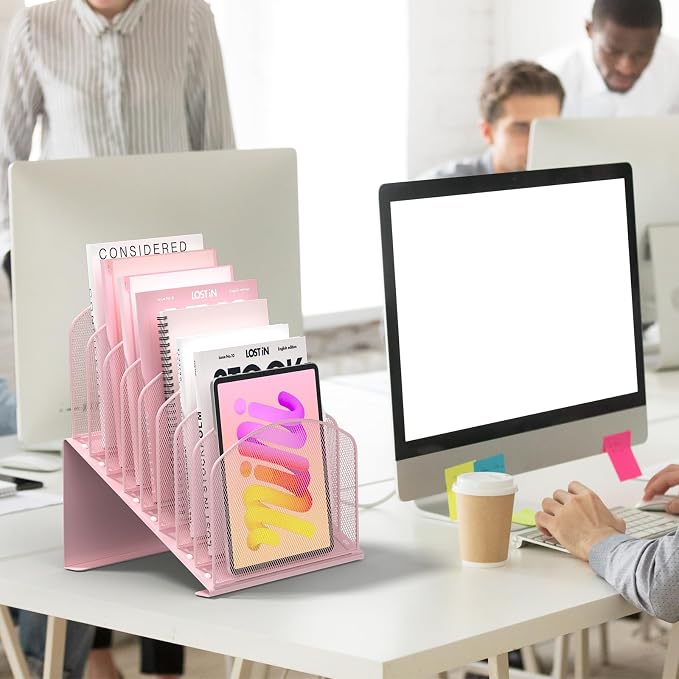 Sinboun Inclined Desk File Organizer Folder Holder with 8-Section, Pink