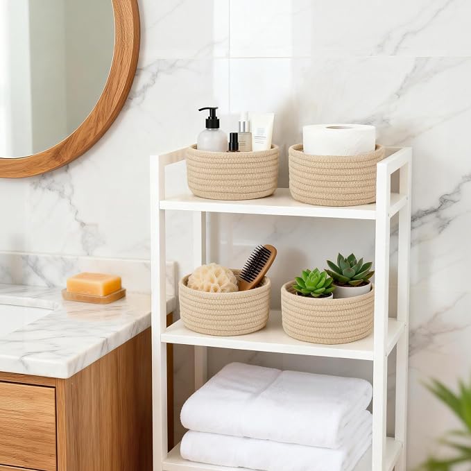 Dahey 4 Pcs Mini Woven Baskets Set, Small Cotton Rope Storage Bins for Organizing, Cute Tiny Round Decorative Baskets for Gifts, Living Room Bathroom Home Decor, 7.09" W x 3.15" H, Beige