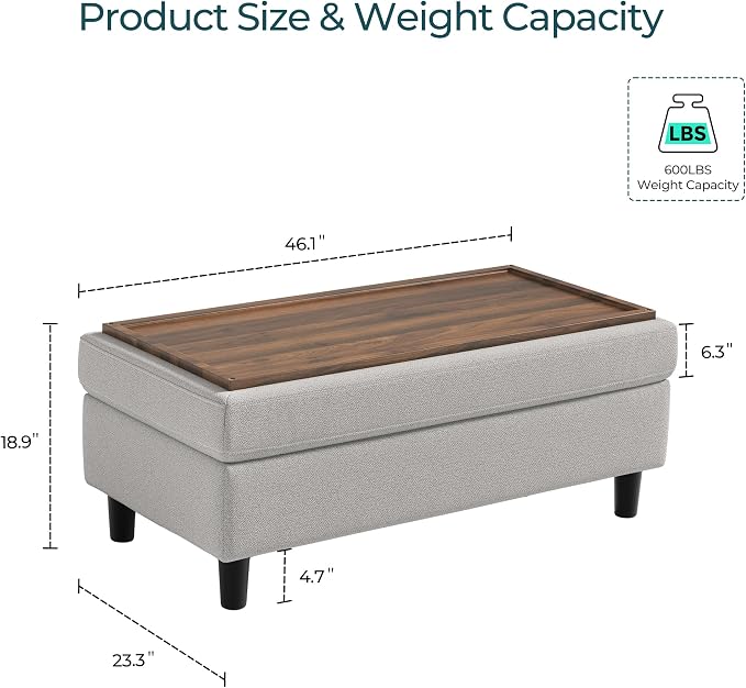 LINSY HOME 46 Inches Wide Storage Ottoman Bench, Linen Coffee Table Long Shoes Bench Footstool, Storage Chest, Foot Rest Stool, for The Living Room, Entryway and Family Room (Grey)