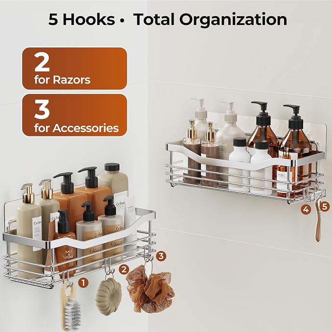 Orimade Shower Caddy Basket Shelf Storage Rack Pack of 2, No Drilling Wall Mounted Adhesive Rust Resistant Stainless Steel Shower Organizer with 5 Hooks for Bathroom, Toilet, Kitchen