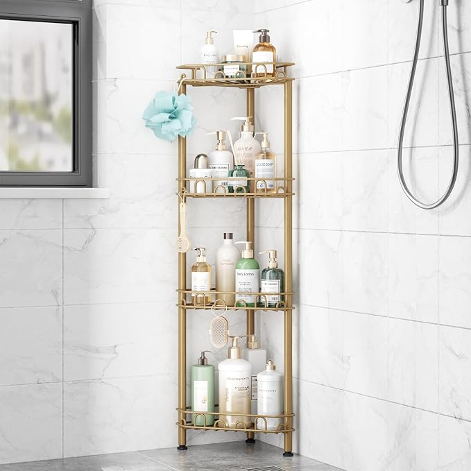 SWTYMIKI Standing Shower Caddy Corner - 4‑Tier Stainless Steel Shower Organizer Shelf with 12 Hooks and Adhesive Pads, Rustproof Corner Shelves Stand Rack for Bathroom Shower Room, Gold