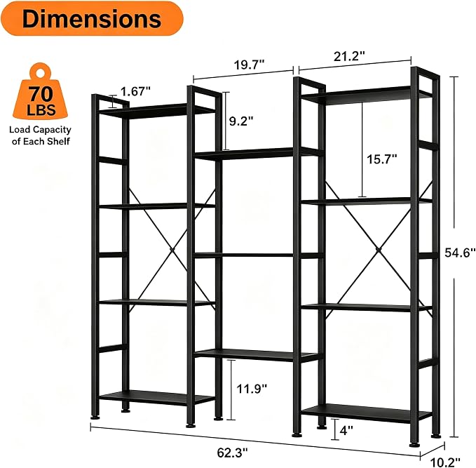 HealSmart Triple Column 4 Tier Bookshelf, Industrial Bookcase with 11 Open Display Adjustable Shelves, Wide Convertible Display Modern Bookshelf for Living Room & Home Office, Black