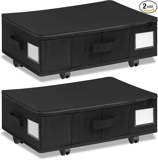 Vincona Under Bed Storage with Wheels, 2 Pack Under Bed Storage Containers with Label Holders for Clothes, Shoes and Blankets, Rolling Underbed Shoe Organizer with Cover, Black (23.6 x 15.7 x 7.28 in)
