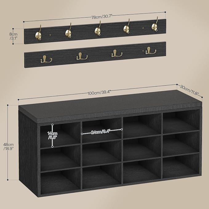 HOOBRO Shoe Storage Bench with Cushion, 39.4" L Entryway Bench with 12 Cubbies, Entryway Hall Tree with Storage, Cubby Shoe Rack Bench with Coat Rack for Hallway, Holds up to 330 lb, Black BB112HX01