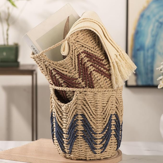 Woven Storage Baskets, Handwoven Straw Weaving Plant Basket Large Laundry Organizer Flower Planter Basket For Flower Pots Storage Containers For Home Bedroom Living Room